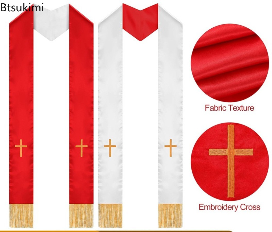 Men Accessories For Wedding - アングリカン教会の聖職者用、両面刺繍入り、十字架とタッセルが付いたリボン。成人向け、カトリック教会でのミサや礼拝、結婚式、教会での使用に。