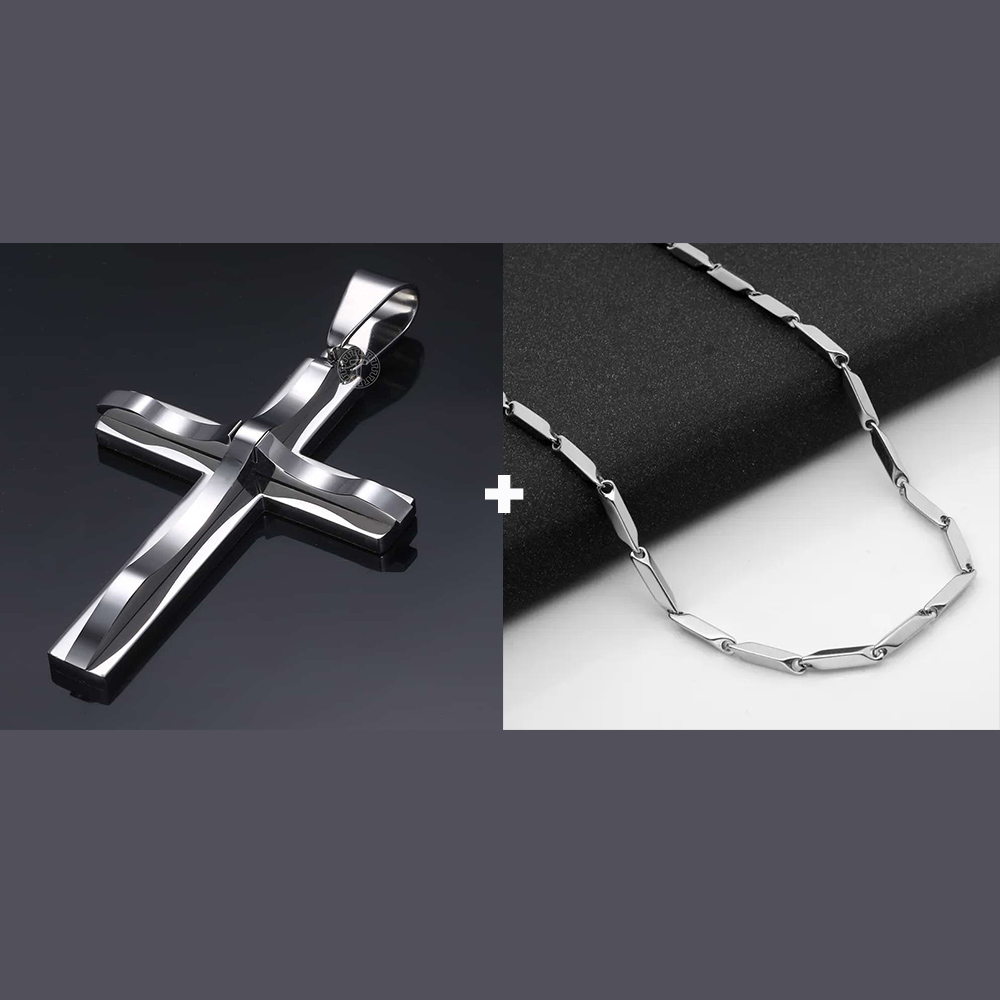 Men'S Accessories Jewelry Brands - シルバーカラーの曲線クロスステンレススチールペンダントネックレス、3mmリンク竹チェーンネックレス、女性男性用ジュエリーアクセサリー