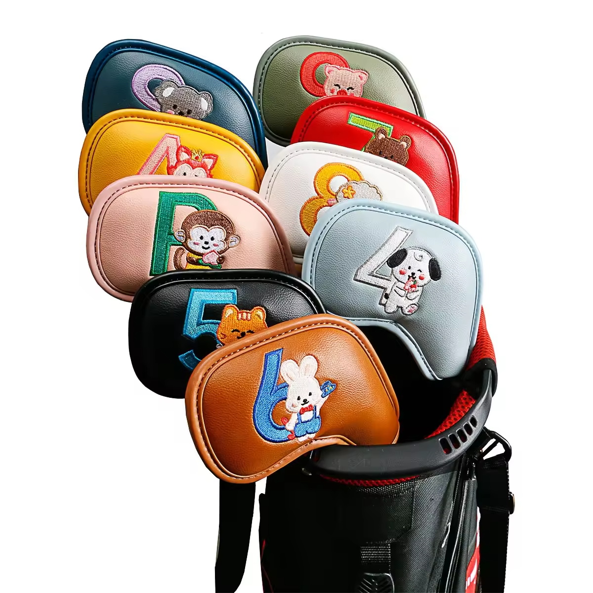 Men Accessories For Gift - 9個入りのかわいい漫画風動物ゴルフアイアンヘッドカバー、PUレザー刺繍クラブプロテクター、男性女性ゴルファーへのゴルフアクセサリーギフト
