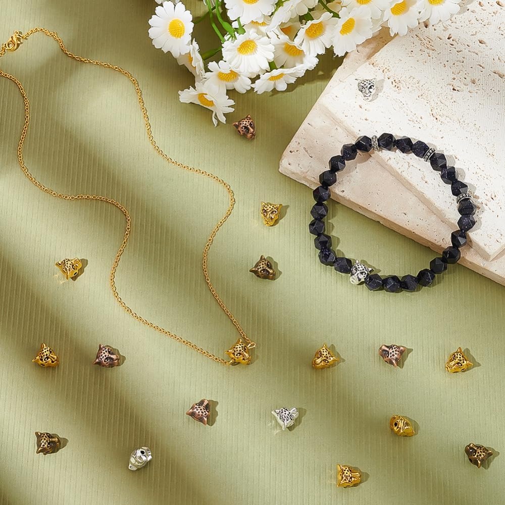 4色の豹の頭ビーズ100個、動物ブレスレットビーズスタイル合 - Bracelet Beaded Men のレビューと価格