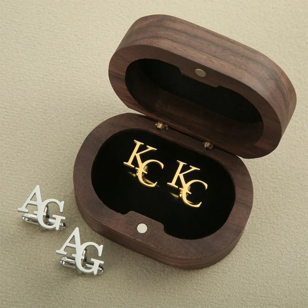 パーソナライズされた頭文字の組み合わせカフスボタン、新郎と花 - Cufflink Box Set のレビューと価格