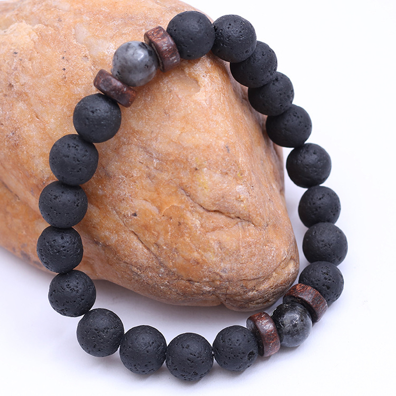 手作りの伸縮性のある8mm火山石溶岩木製ビーズブレスレット  - Bracelet Beaded Men のレビューと価格